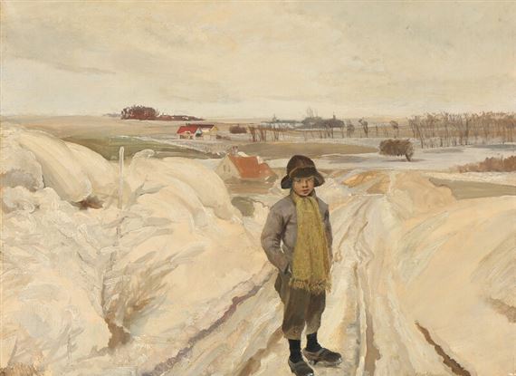 Winter landscape with a boy standing on a snow-covered lane by Eiler Sørensen, 1929