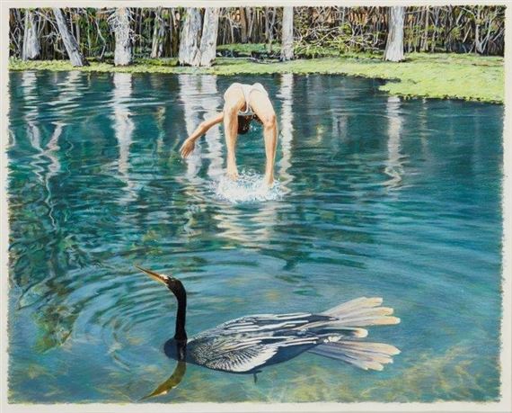 A person diving into a clear blue pool with a bird floating nearby.