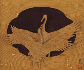 Couple cranes (wood carving relief) - Kotaro Maeda