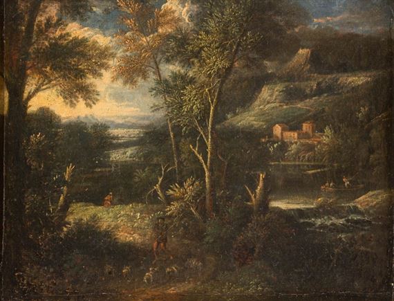 SOUTHERN MOUNTAIN LANDSCAPE WITH SHEEP SHEPHERDS AND ANGLERS AT THE LAKE by Italian School, 18th Century