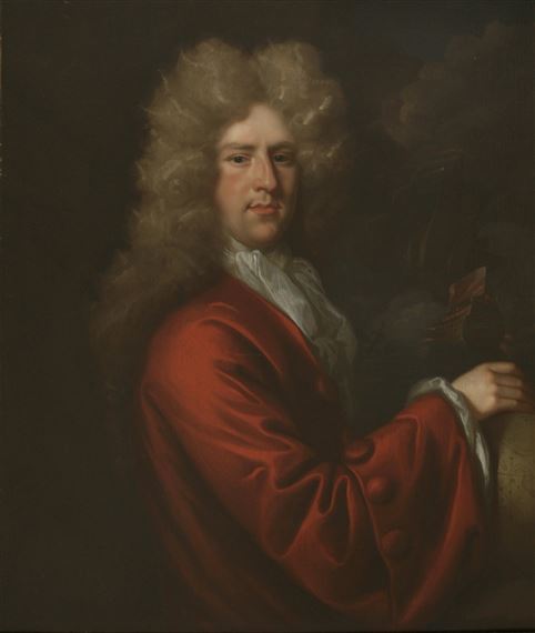 PORTRAIT OF A GENTLEMAN, HALF LENGTH, IN A RED COAT, HIS RIGHT HAND RESTING ON A CELESTIAL GLOBE, A NAVAL ACTION BEYOND by John Closterman