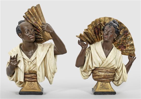 Paar große Büsten eines asiatischen Paares mit Fächer by Koenig & Lengsfeld, circa 1900