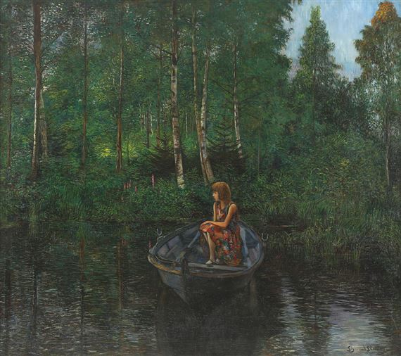 Pike i robåt by Sigmund Sinding
