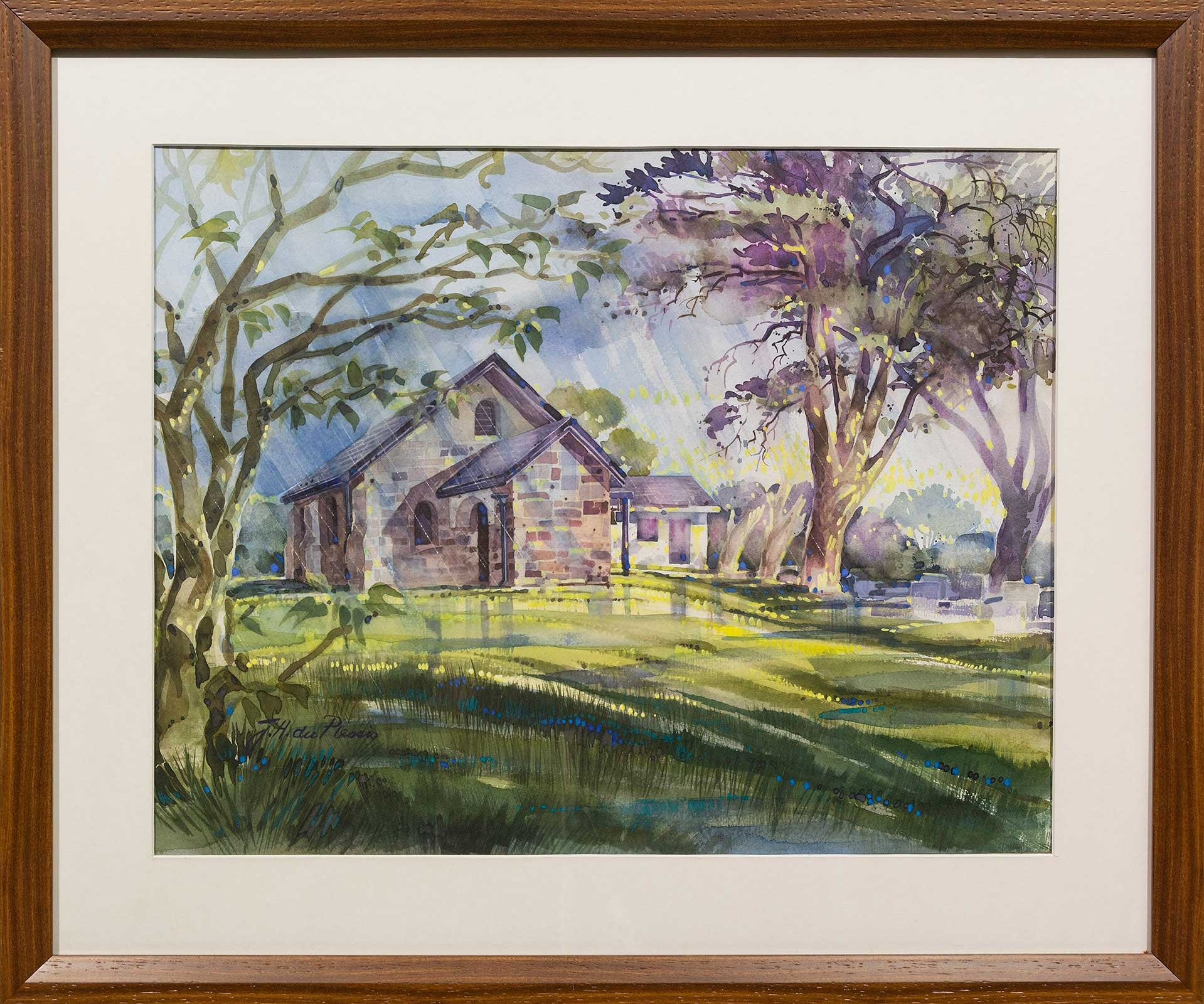 Artwork by J.H. du Plessis, Landscape with Church, Made of Watercolour