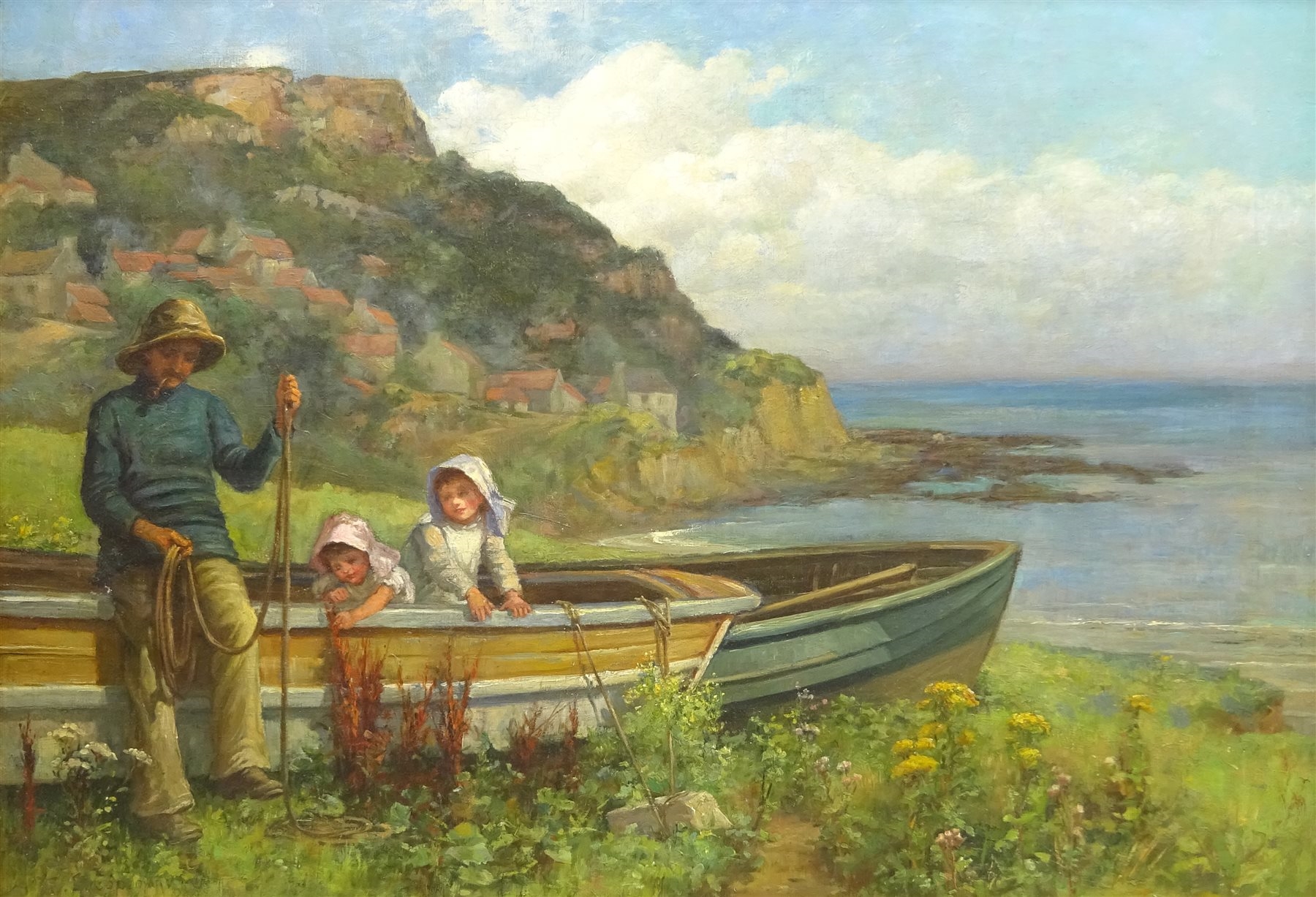 Artwork by Constance Copeman, Children Playing in the Cobles at Runswick Bay, Made of oil on canvas