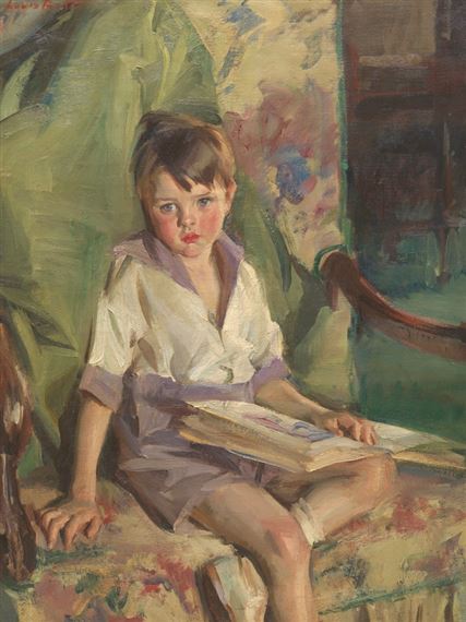 A seated young boy with a book by Louis Betts