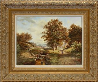 Depicting a river scene with mountains in the distance - Eleonore Guinther