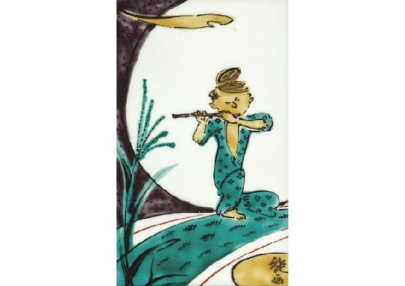 Plaque depicting child in overglaze enamel