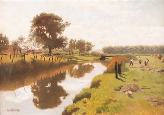 Hay harvest by a canal - Eduard Spoerer