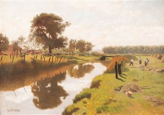 Hay harvest by a canal - Eduard Spoerer