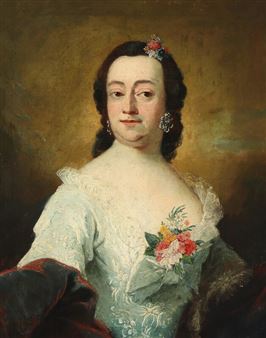 A formal portrait of a person in an ornate gown with floral details and jewelry.