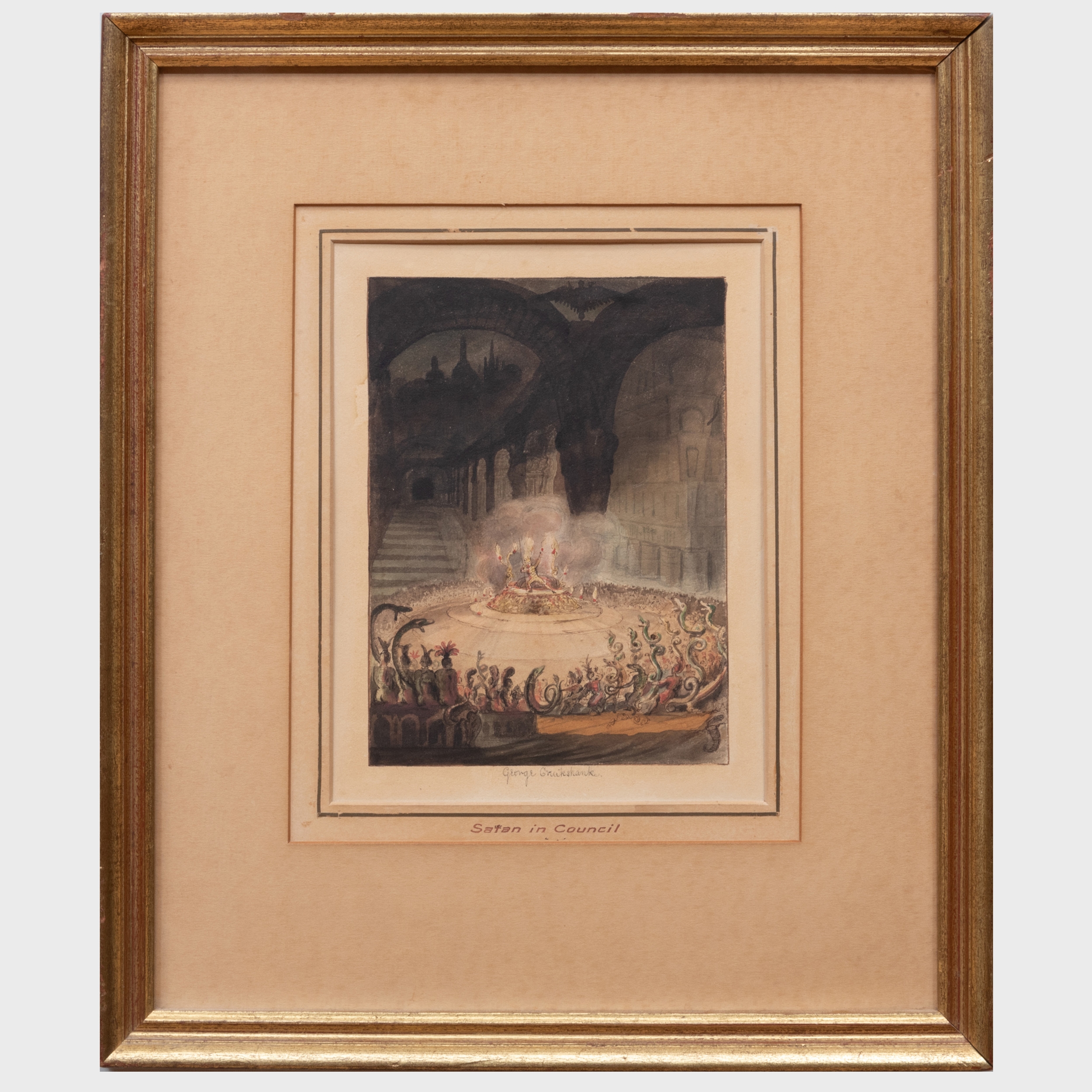 Artwork by George Cruikshank, 5 Works: Satan in Council; Sketches, Made of Ink and watercolor on paper