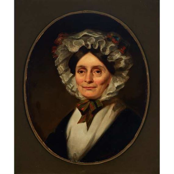 PORTRAIT OF A WOMAN IN A BONNET TIED WITH TARTAN RIBBONS by William Strang