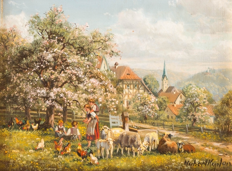 Artwork by Hubert Kaplan, Domestic idyll in a village, Made of Oil on canvas on wooden panel