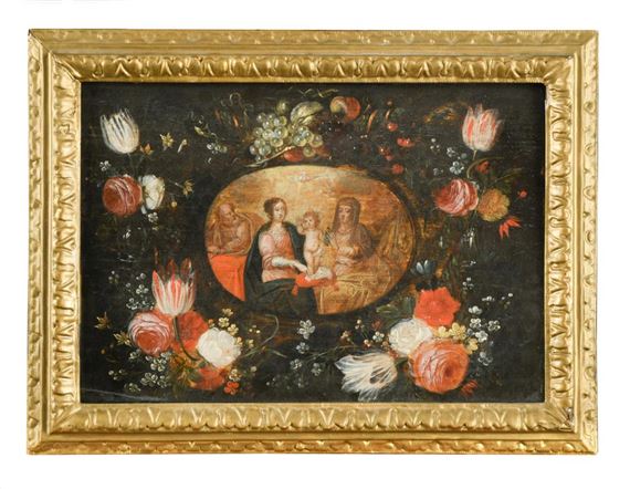 The Holy Family with St Anne, in a cartouche of flowers by Jan van Kessel I