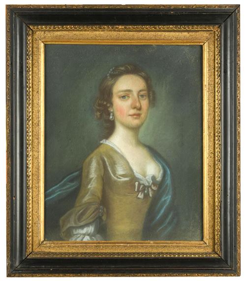 British School, 18th Century | 3 works: Portrait of a lady in a gold dress  and blue cloak; Portrait of a lady in a lace fichu, black dress and lace  mob cap;