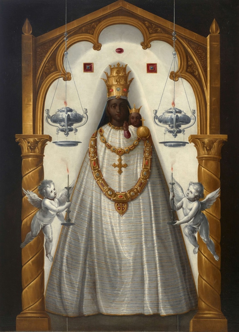Vierge noire portant la tiare papale et un large collier avec la croix de l'ordre de Santiago by South American School, 18th Century