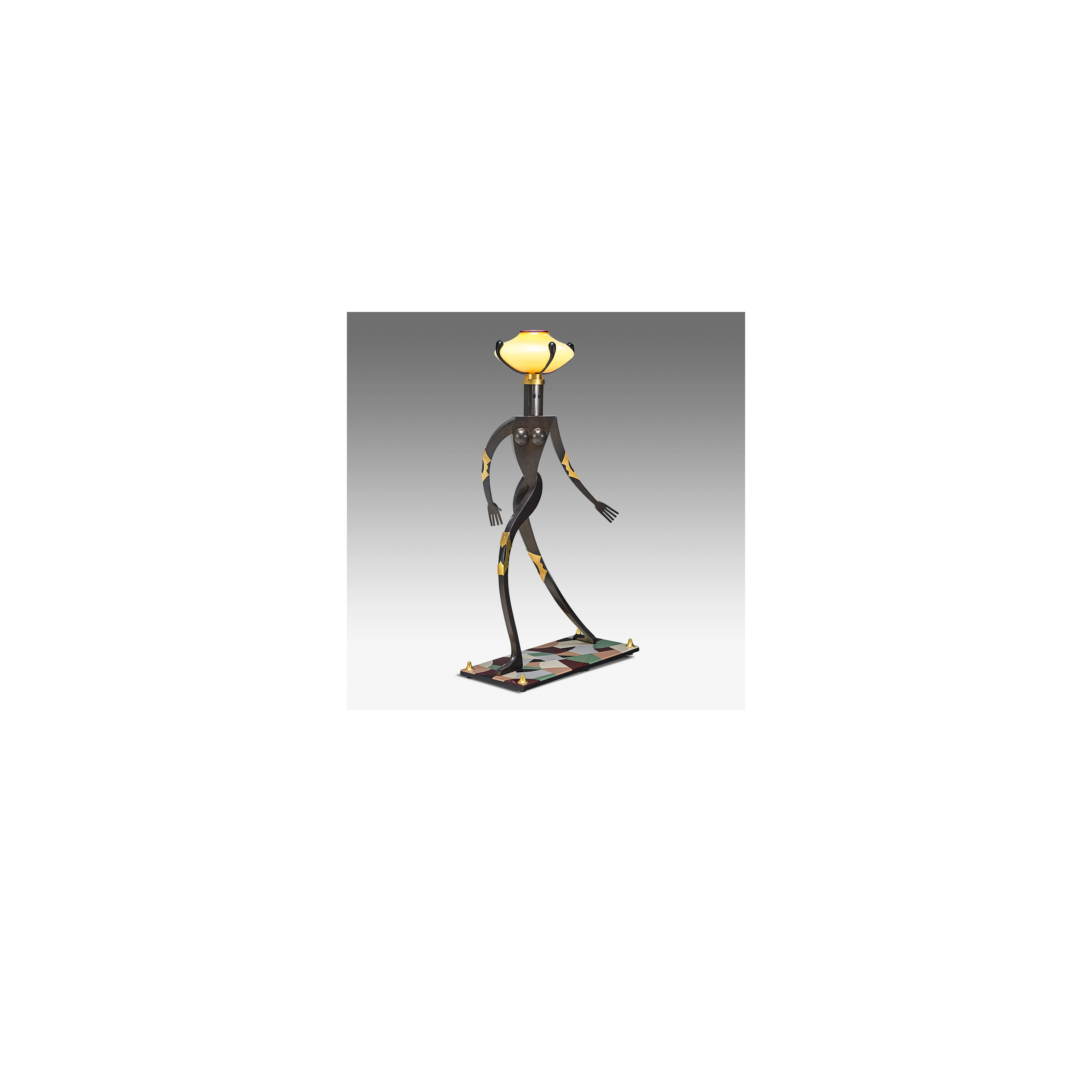 Artwork by Dan Dailey, Fine and tall Female Figurative Floor Lamp, edition of six, Kensington, NH,, Made of Cast and patinated bronze, anodized aluminum, Vitrolite, blown glass, single sockets