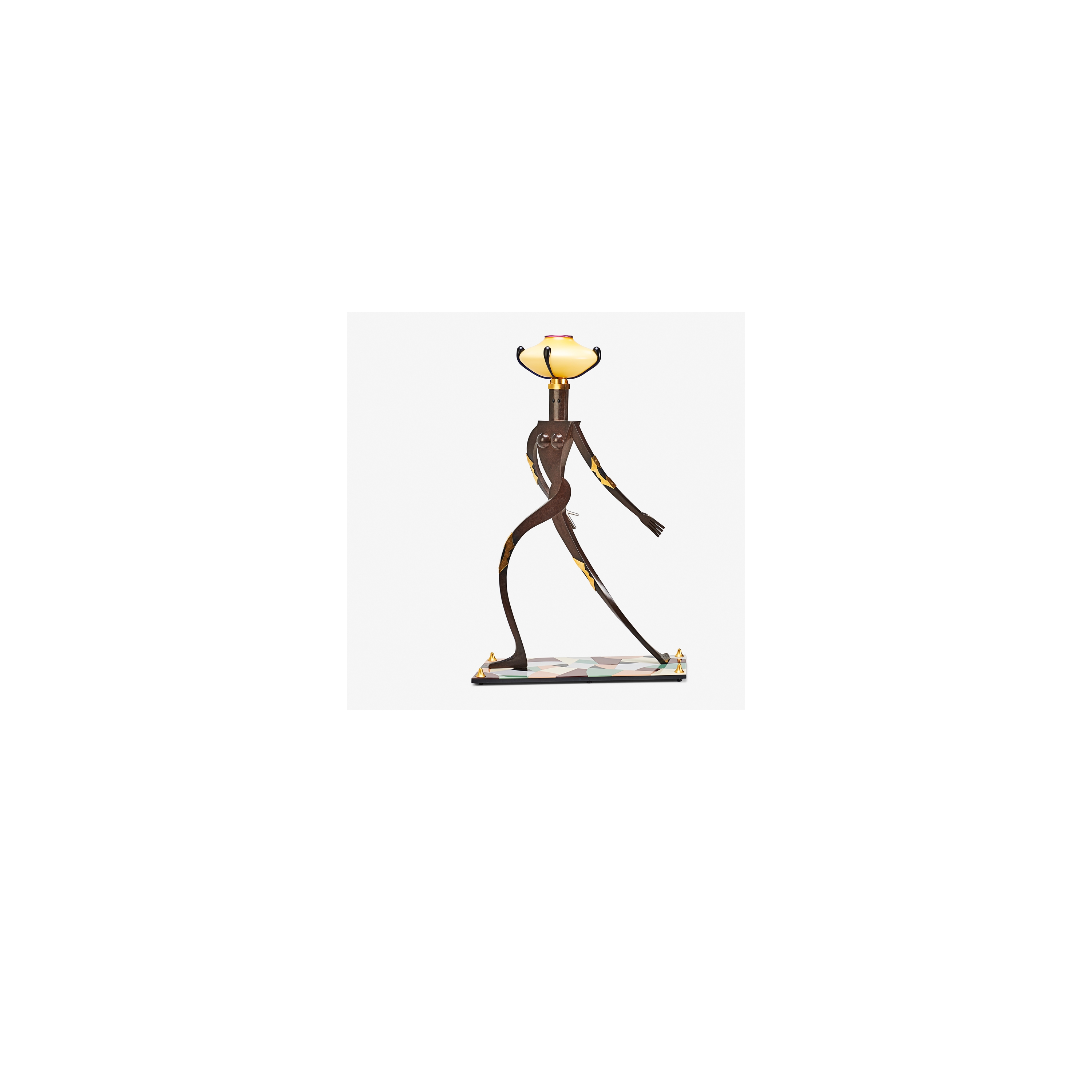 Artwork by Dan Dailey, Fine and tall Female Figurative Floor Lamp, edition of six, Kensington, NH,, Made of Cast and patinated bronze, anodized aluminum, Vitrolite, blown glass, single sockets