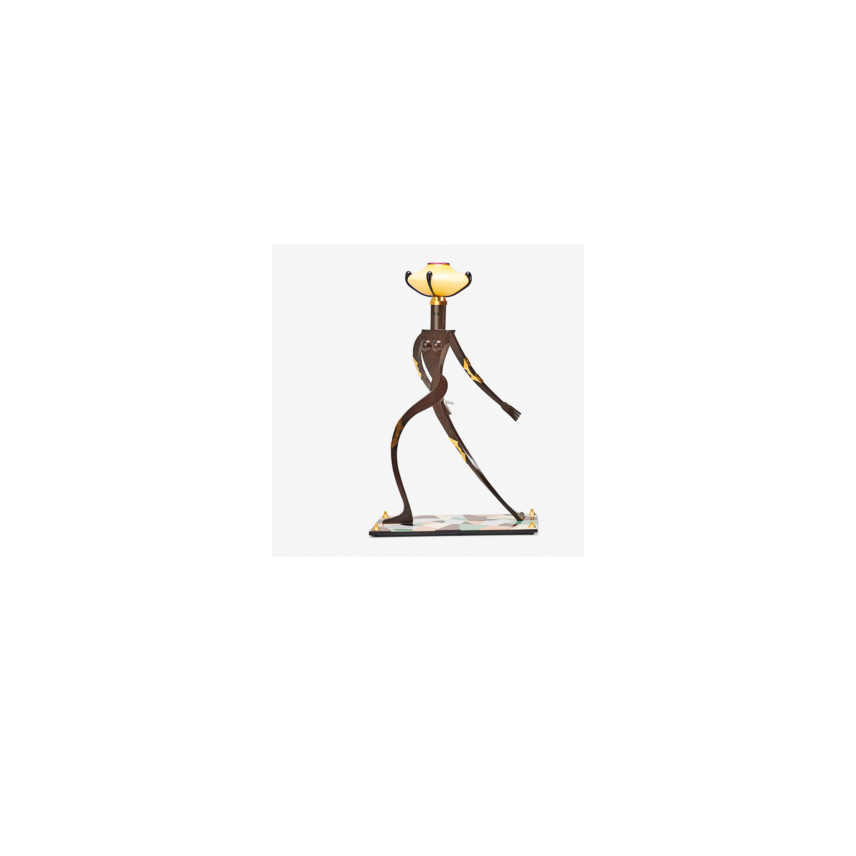 Artwork by Dan Dailey, Fine and tall Female Figurative Floor Lamp, edition of six, Kensington, NH,, Made of Cast and patinated bronze, anodized aluminum, Vitrolite, blown glass, single sockets