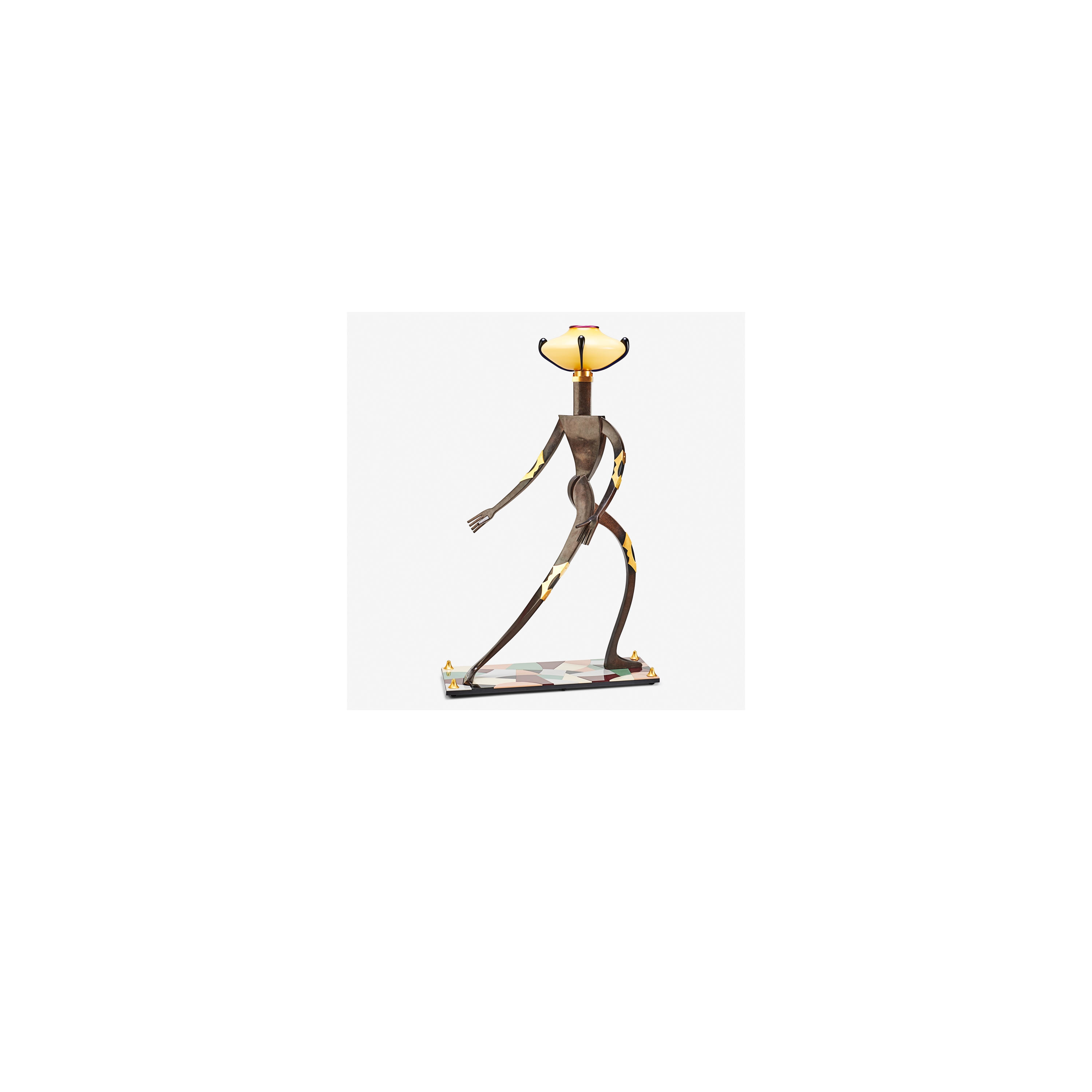 Artwork by Dan Dailey, Fine and tall Female Figurative Floor Lamp, edition of six, Kensington, NH,, Made of Cast and patinated bronze, anodized aluminum, Vitrolite, blown glass, single sockets