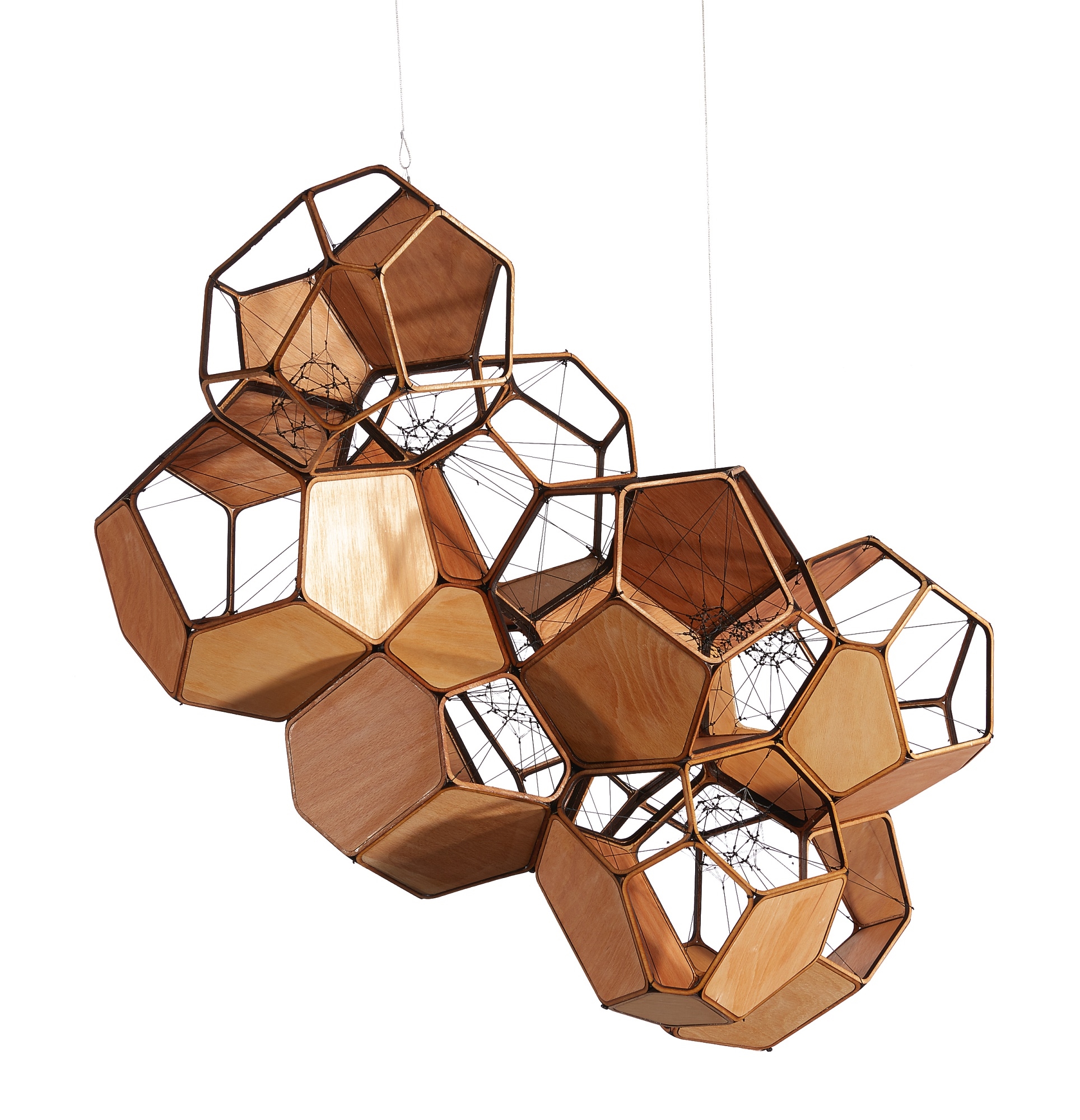 Artwork by Tomas Saraceno, AIR-PORT-CITY/CLIUD CITY/9 CLOUD MODULES 30 NET, Made of wood, nylon wire and metal wire