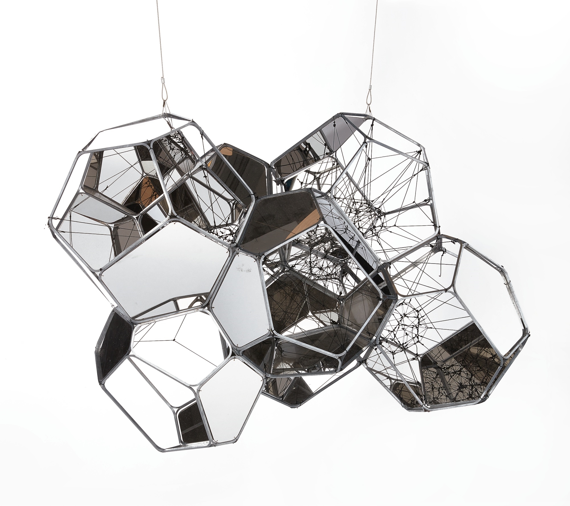 Artwork by Tomas Saraceno, NAOS, Made of metal, mirrored panels, black rope, black nylon and steel rope
