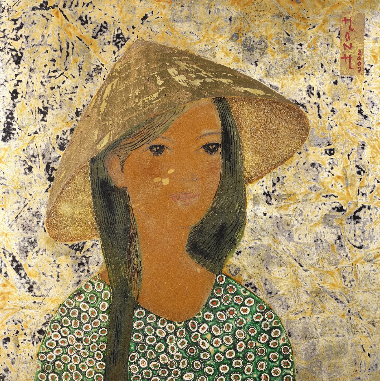 Artwork by Doan Thuy Hanh, Jeune femme tonkinoise, Made of Polychrome lacquer thoroughly