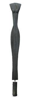 A minimalist sculpture of a stylized female figure in dark, textured material.