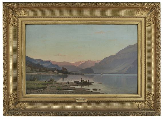 Barque sur le lac au soleil couchant by Louis-Auguste Veillon