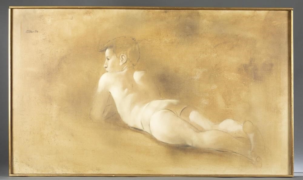 Artwork by Robert R. Bliss, "Young Boy." Portrait of a nude boy lying on his stomach, Made of Oil on canvas