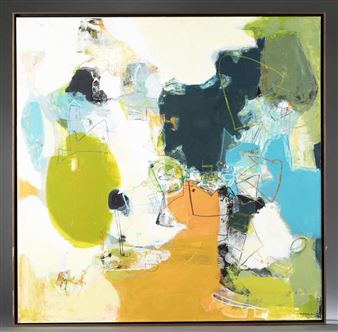 Large untitled, depicting surrealist style drawings over a colorful abstract background - Jangmee Park