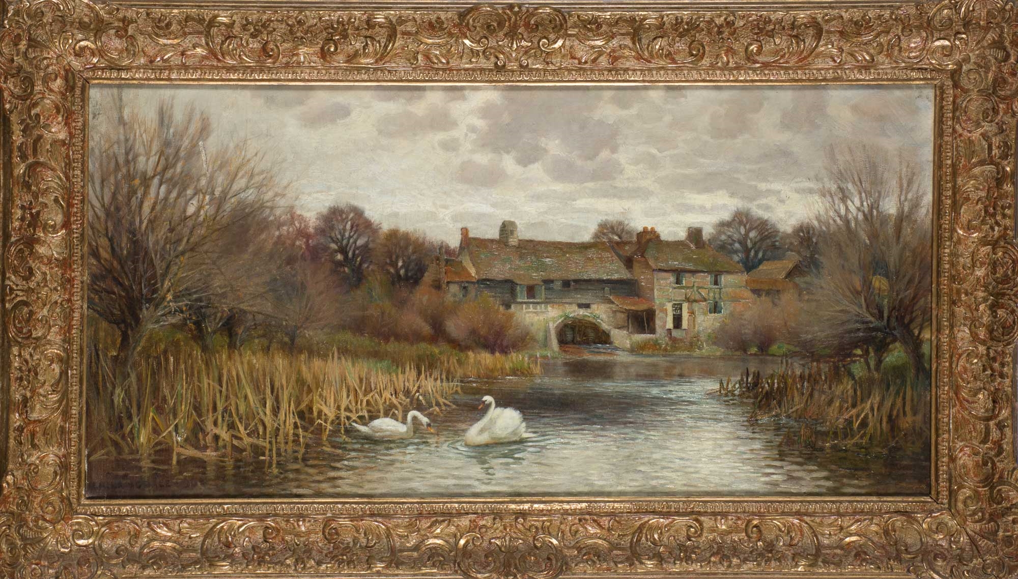 Artwork by Marmaduke A. Langdale, (i) Swans by a Cottage (ii) Footbridge at Sunset, Made of Oil on canvas