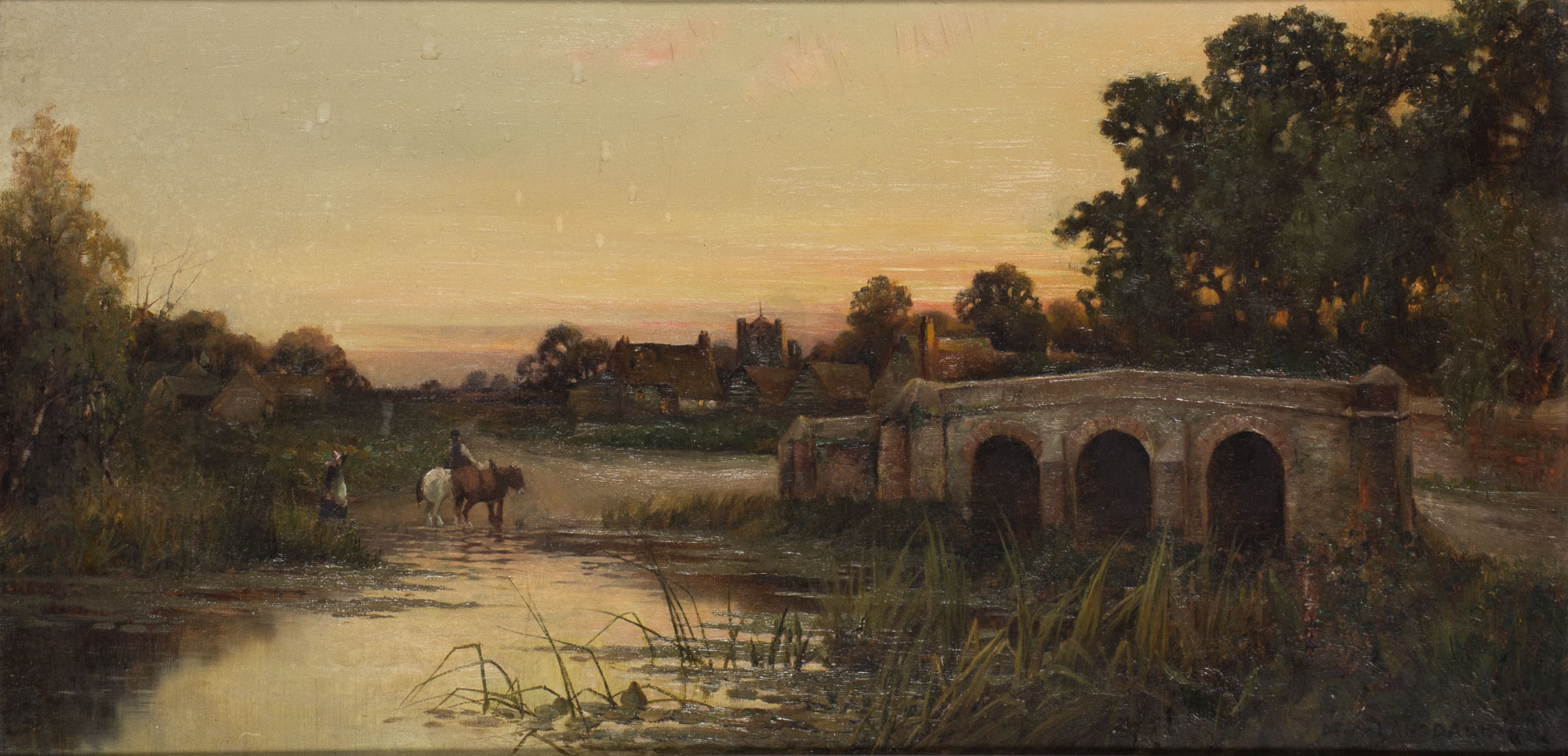 Artwork by Marmaduke A. Langdale, (i) Swans by a Cottage (ii) Footbridge at Sunset, Made of Oil on canvas