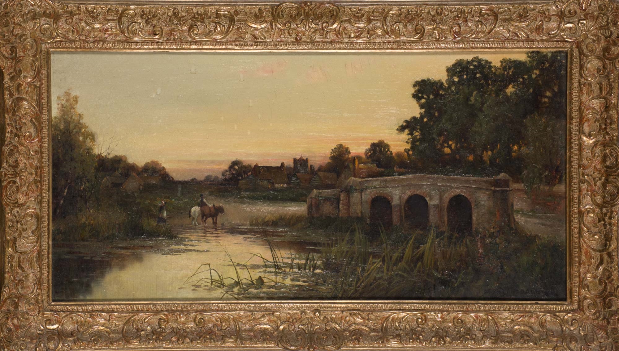 Artwork by Marmaduke A. Langdale, (i) Swans by a Cottage (ii) Footbridge at Sunset, Made of Oil on canvas