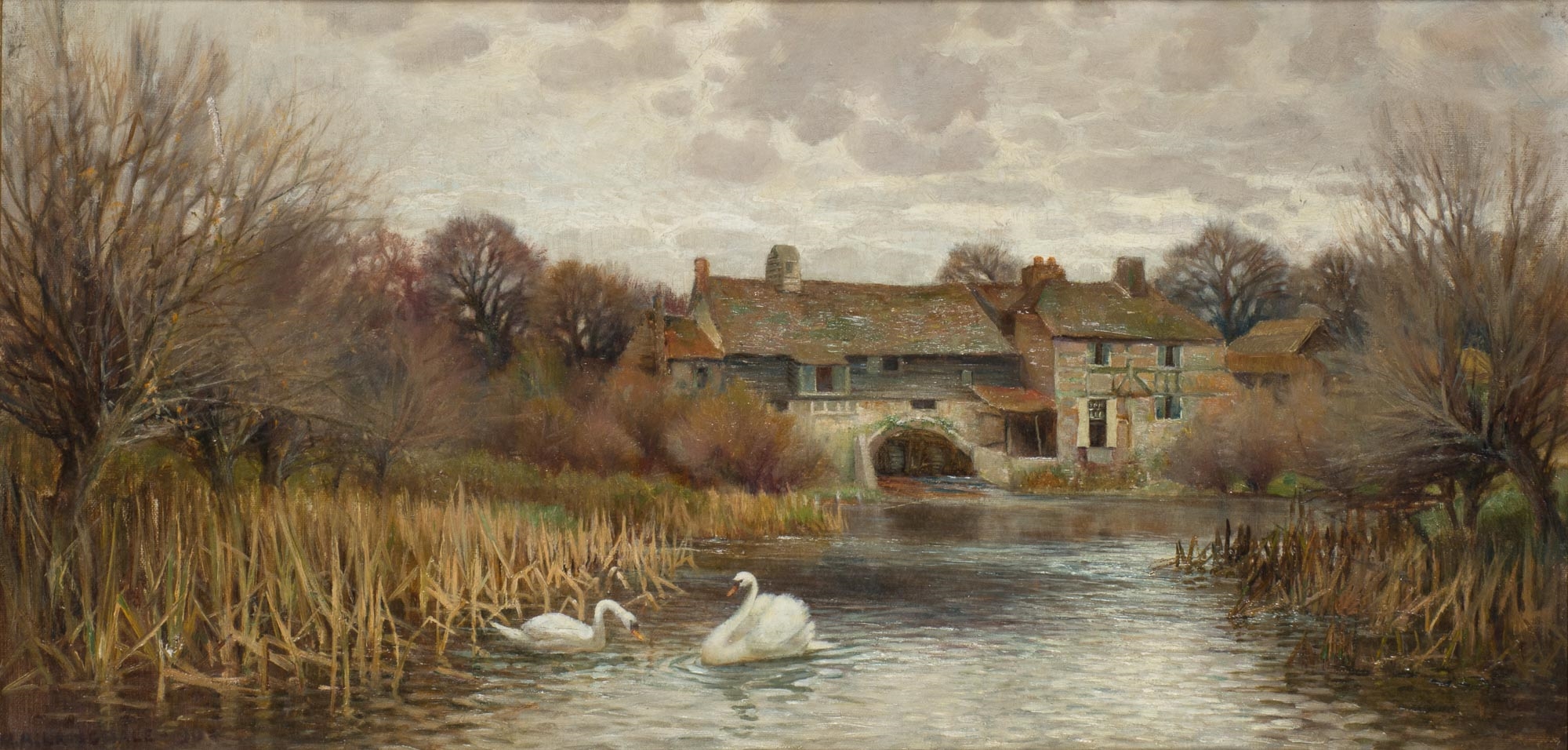 Artwork by Marmaduke A. Langdale, (i) Swans by a Cottage (ii) Footbridge at Sunset, Made of Oil on canvas
