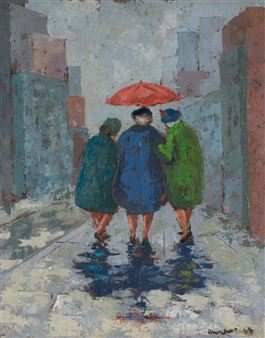 Three Women Sharing an Umbrella - James C. Rinehart
