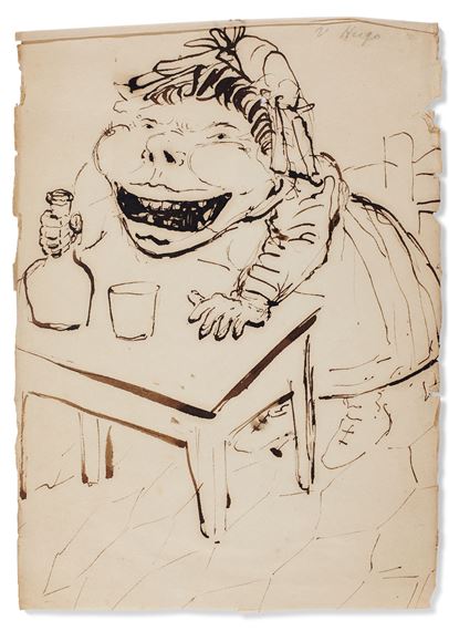 Femme caricaturée attablée tenant une cruche by Victor Hugo