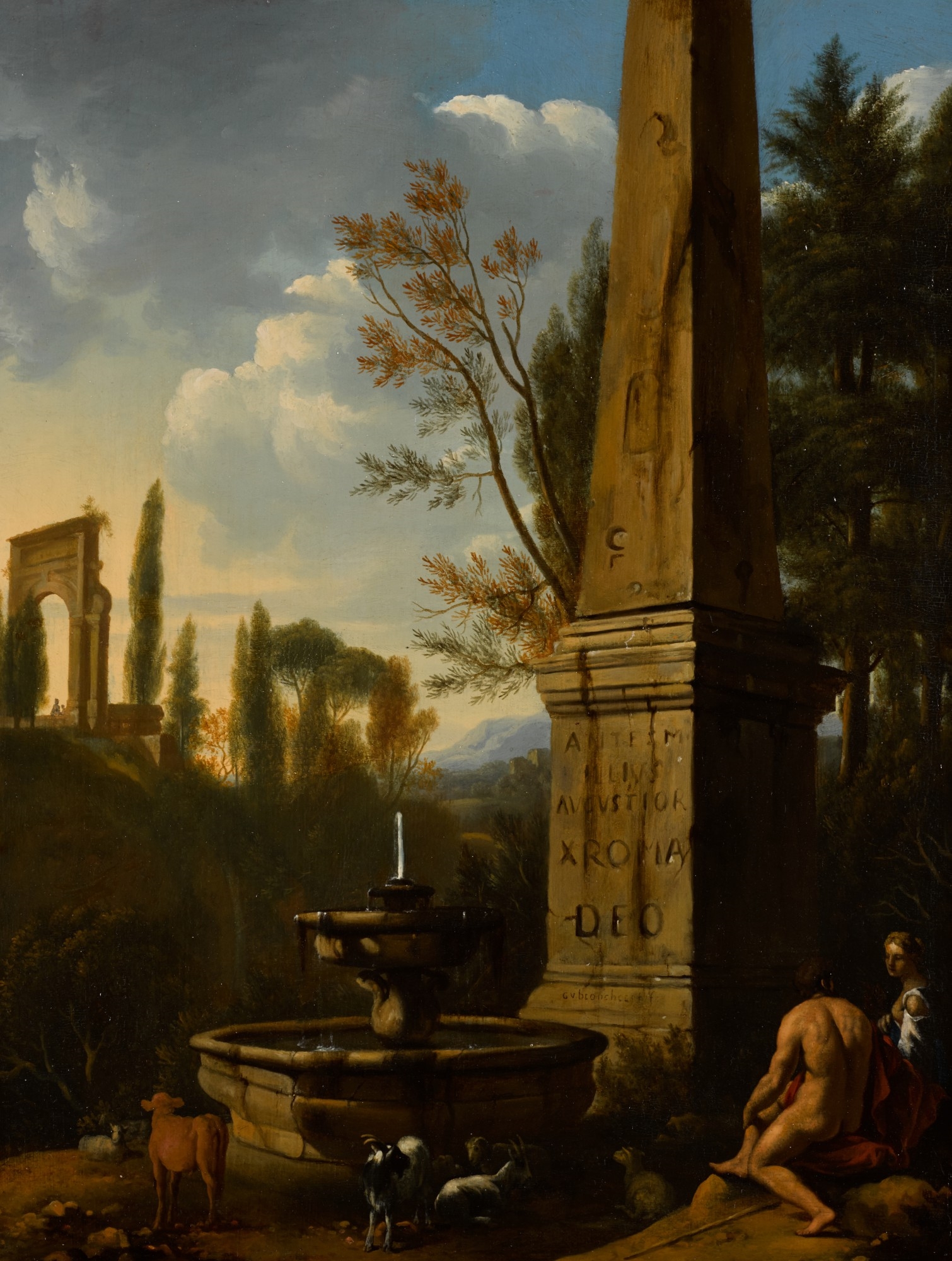 Artwork by Gerrit van Bronchorst, A classical landscape with a woman and shepherd sitting next to an obelisk and fountain, Made of oil on oak panel