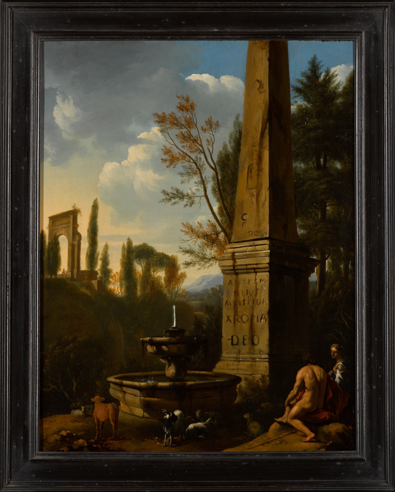 Artwork by Gerrit van Bronchorst, A classical landscape with a woman and shepherd sitting next to an obelisk and fountain, Made of oil on oak panel