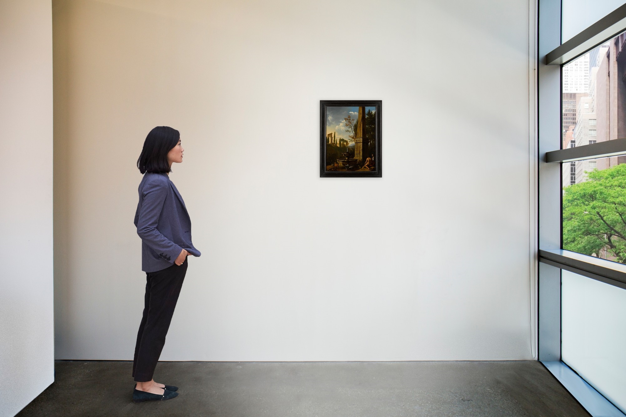 Artwork by Gerrit van Bronchorst, A classical landscape with a woman and shepherd sitting next to an obelisk and fountain, Made of oil on oak panel