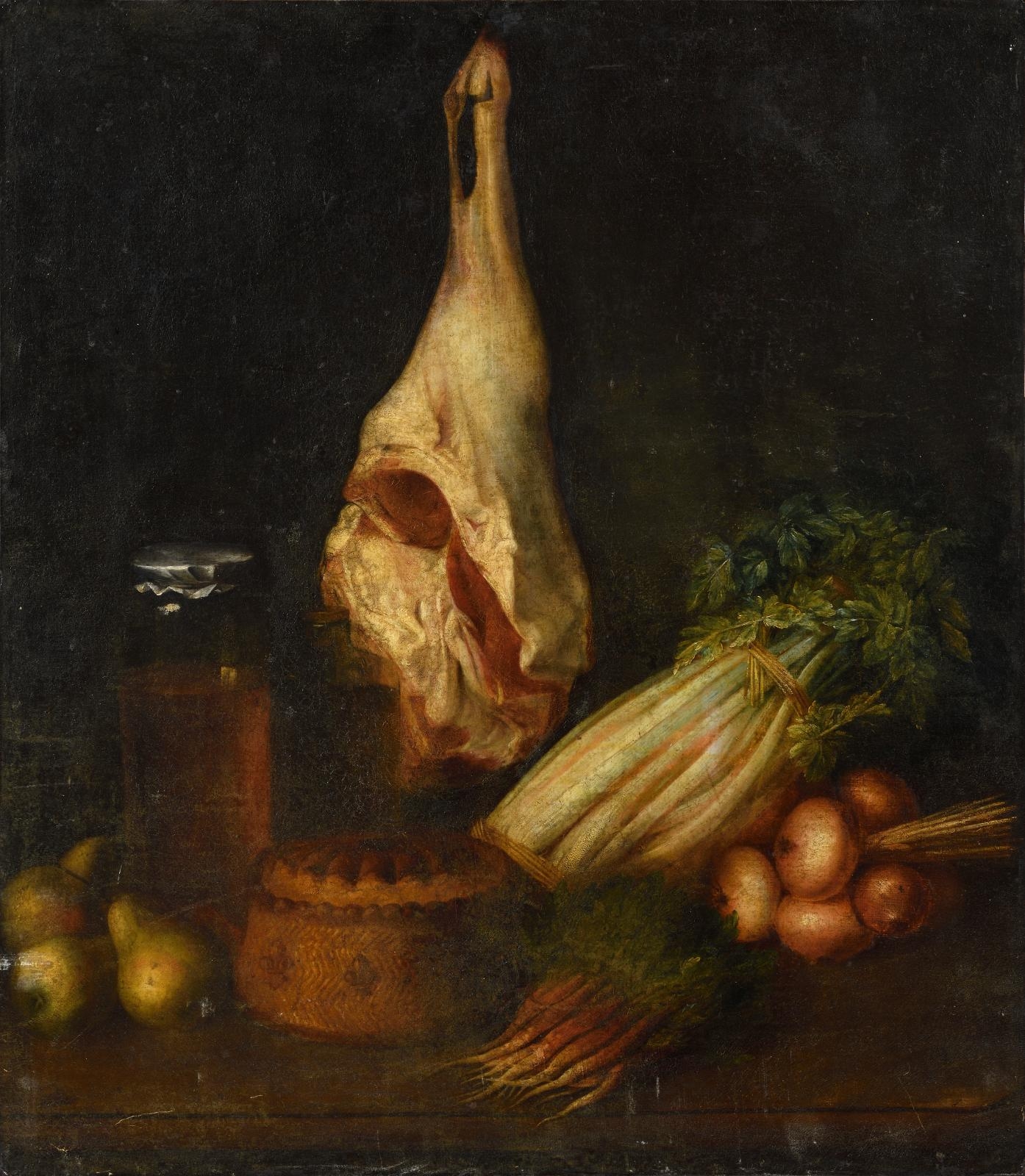 French School, 18th Century Nature morte au jambon, aux légumes et à
