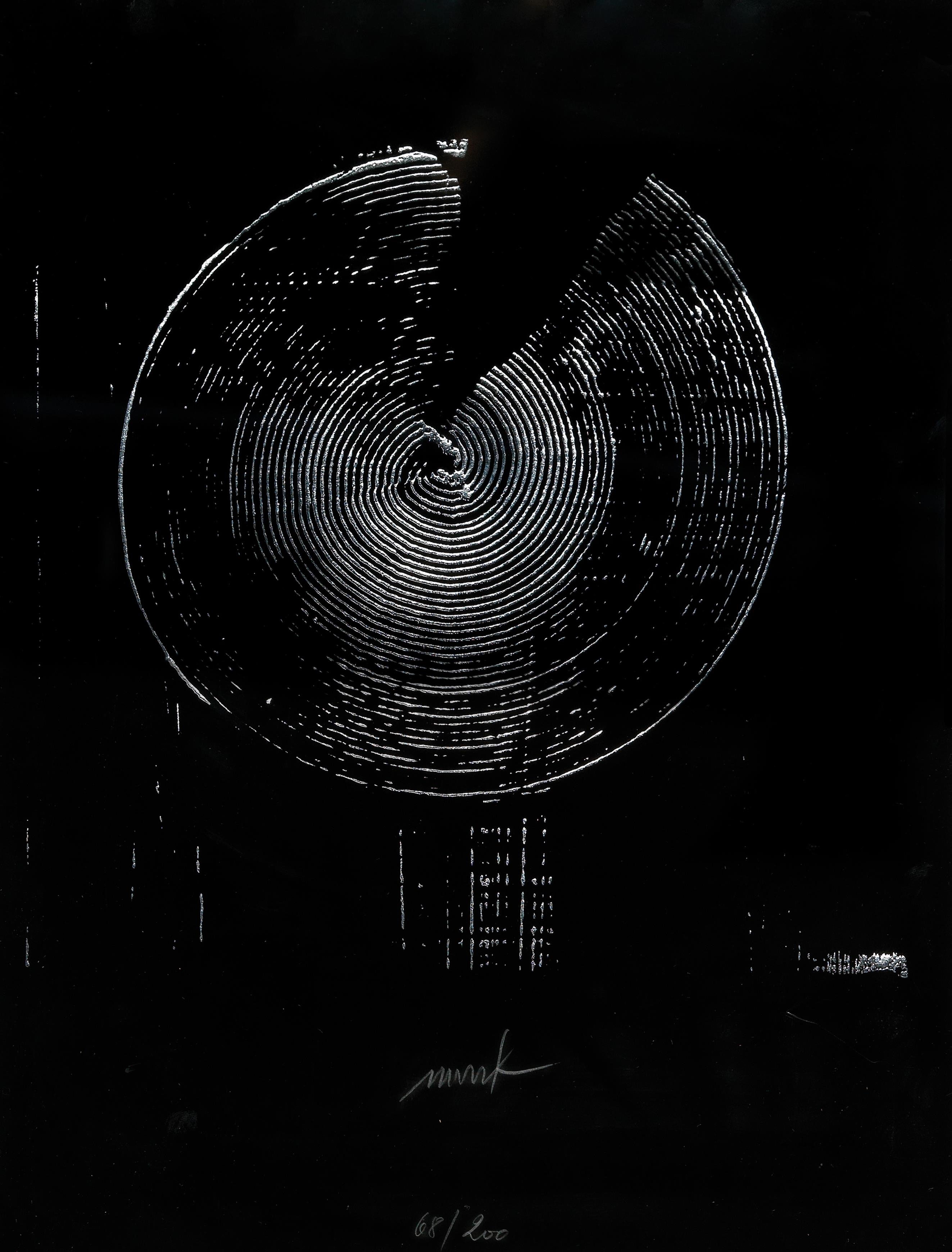 Artwork by Heinz Mack, "Zirkel-Raster", Made of screenprint in silver on black cardboard