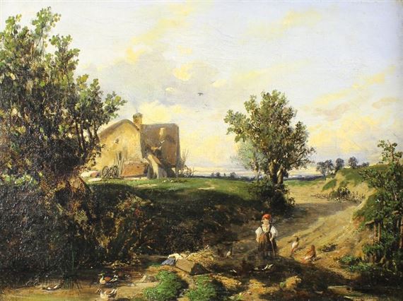 Paysage de ferme animée by Camille Joseph Etienne Roqueplan