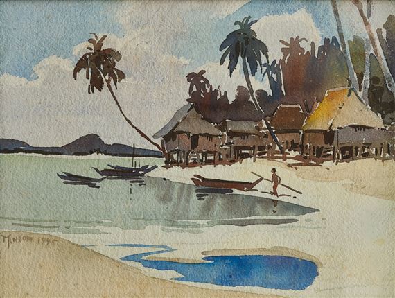KAMPUNG, PALM TREES AND BOAT by Yong Mun Sen, 1945