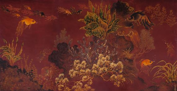 AQUARIUM SCENE WITH GOLDFISH OF ABUNDANCE by Pham Hau, Executed circa 1950-1960