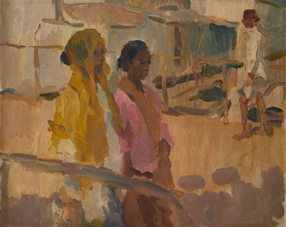 GIRLS ON A BRIDGE IN BATAVIA, DUTCH EAST INDIES by Isaac Israëls, Executed circa 1922