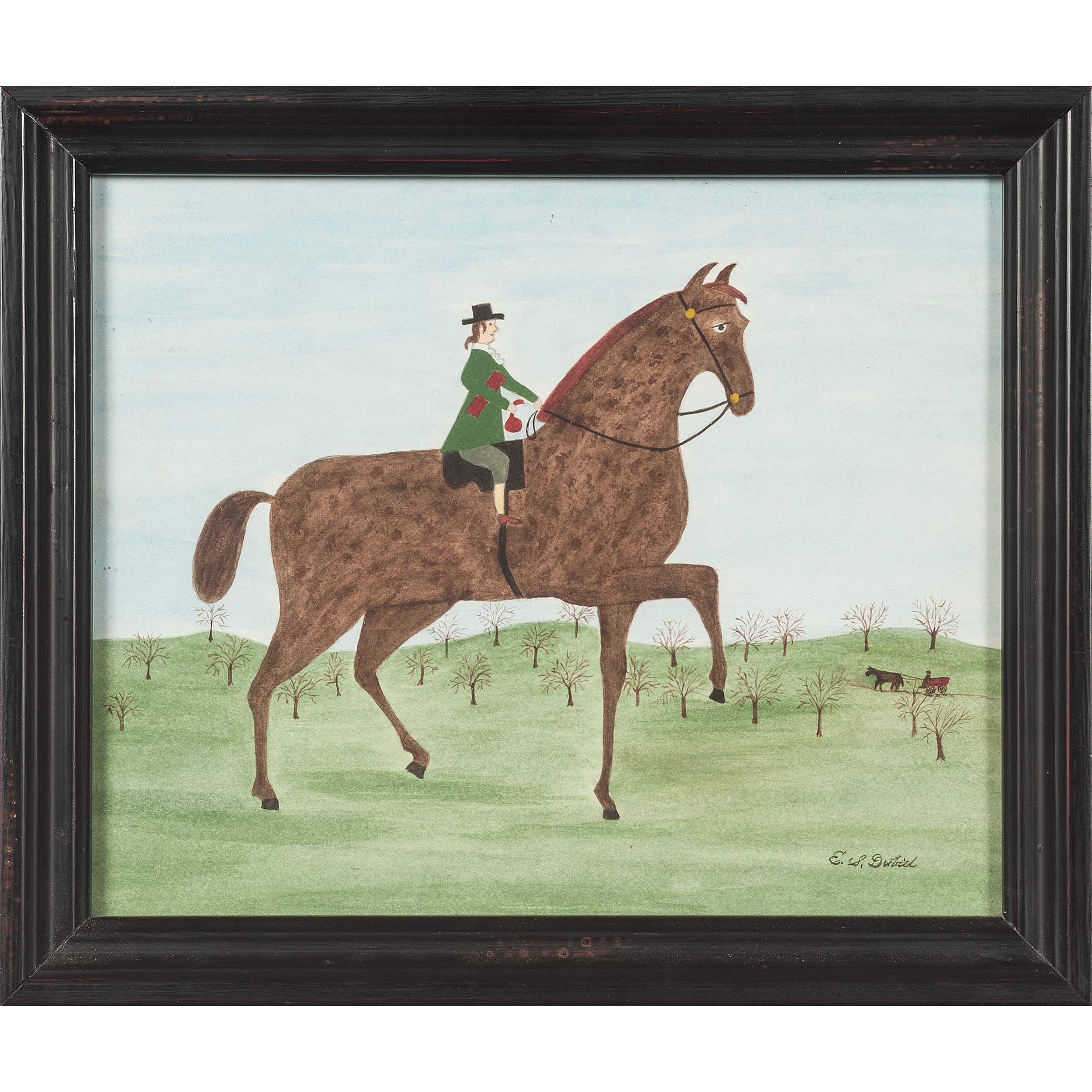 Artwork by Evelyn S. Dubiel, Folk Art Equestrian Scene, Made of watercolor
