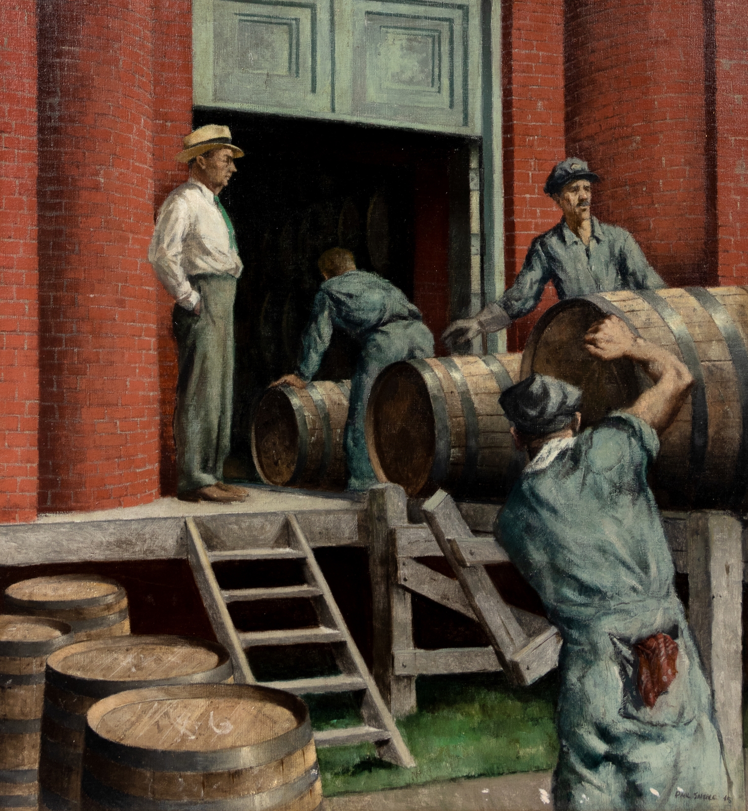 Paul Sample | Rolling Barrels into the Rackhouse (1945) | MutualArt