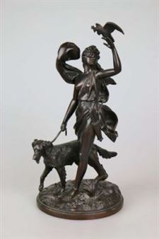 Diana, die Göttin der Jagd mit Jagdhund und einem auf der erhobenen Hand sitzenden Falken - J. Krill